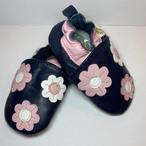 Baby Leather Slippers Floral Navy Blue & Pink 0-6 months